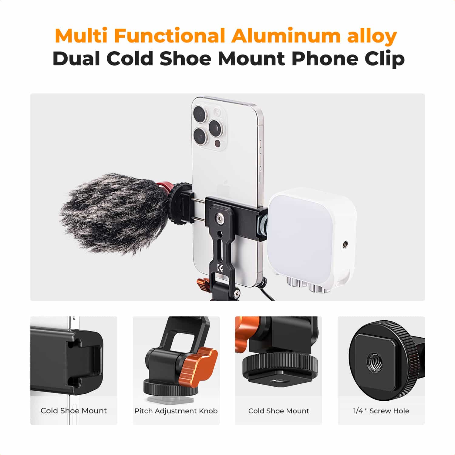K&F Concept (KF31.094) Metal Phone Tripod Mount, Universal Smartphone Stand with 2 Cold Shoe Mount 3