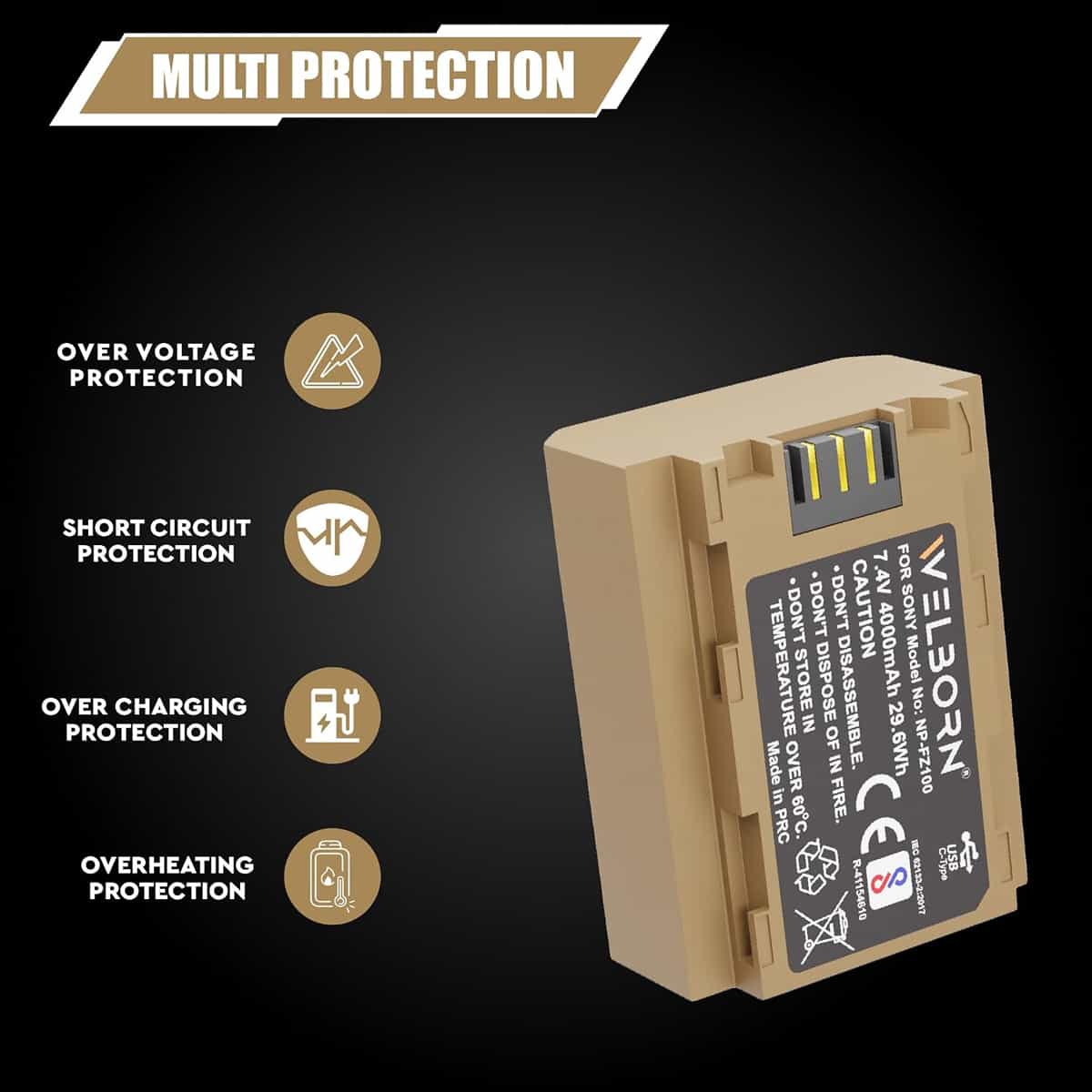Welborn NP-FZ100 (4000 mAh) Platinum Lithium-ion Battery With C Type Usb Charging Port 4