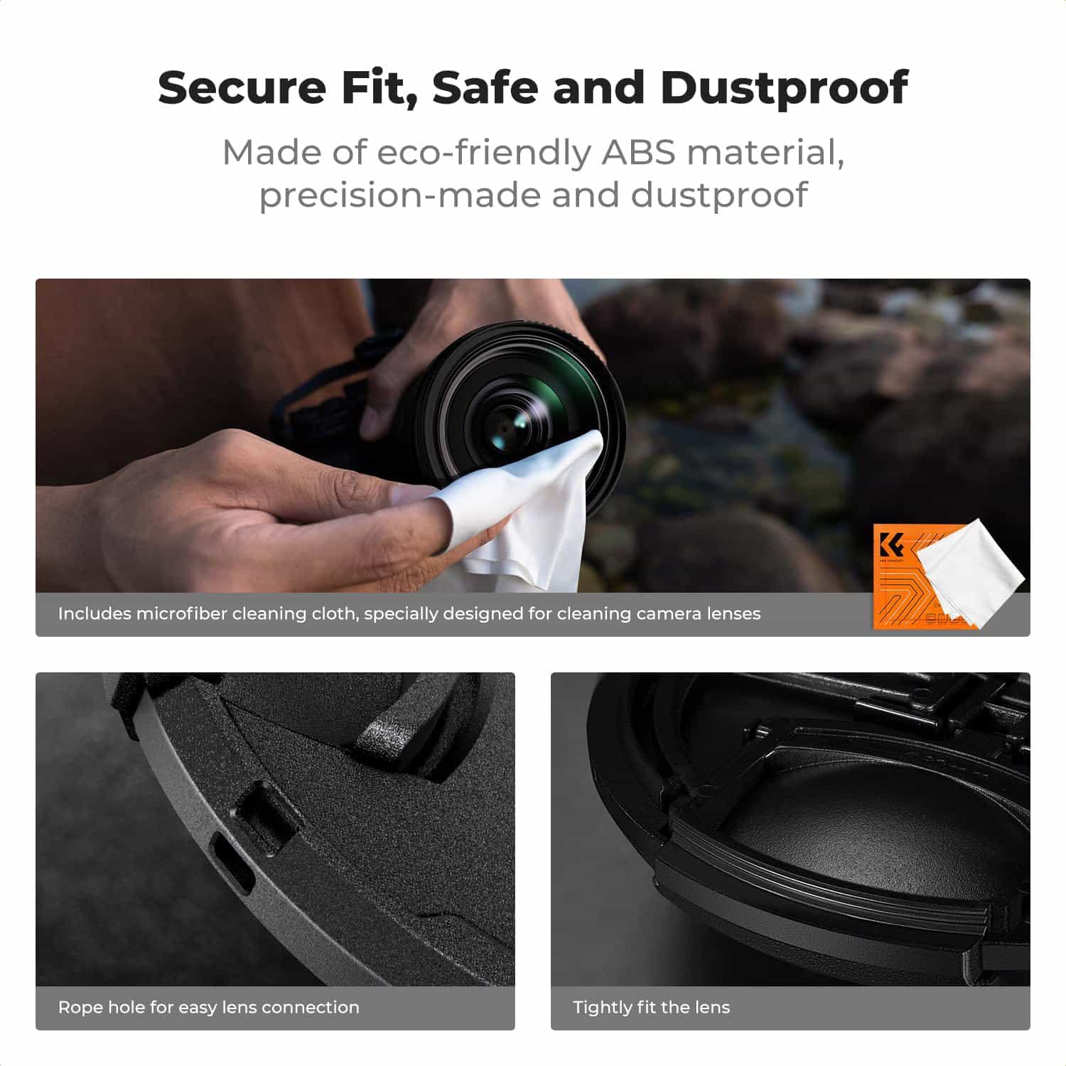 K&F Concept Lens Cap Cover 4-in-1 Center Pinch Lens Cover + Anti-Loss Keeper Leash + Microfiber Cleaning Cloth Kits Filter 5