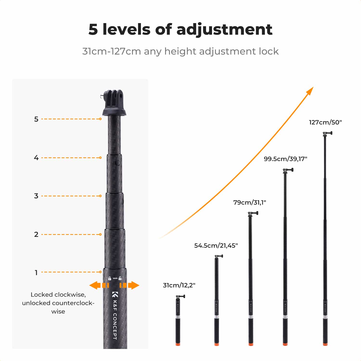 K&F Concept (KF09.140) Carbon Fiber Extension Rod Selfie Stick 3