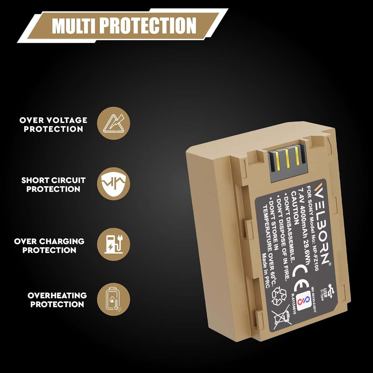Welborn NP-FZ100 (4000 mAh) Platinum Lithium-ion Battery With C Type Usb Charging Port view 4