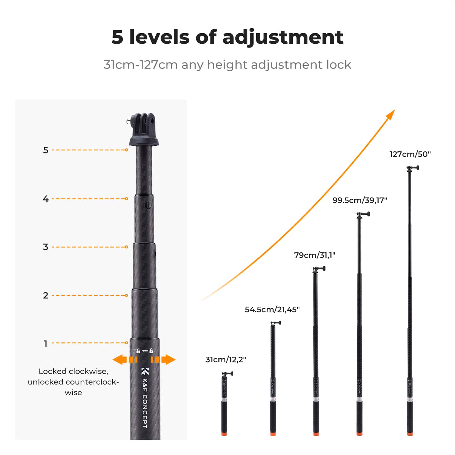 K&F Concept (KF09.140) Carbon Fiber Extension Rod Selfie Stick view 3